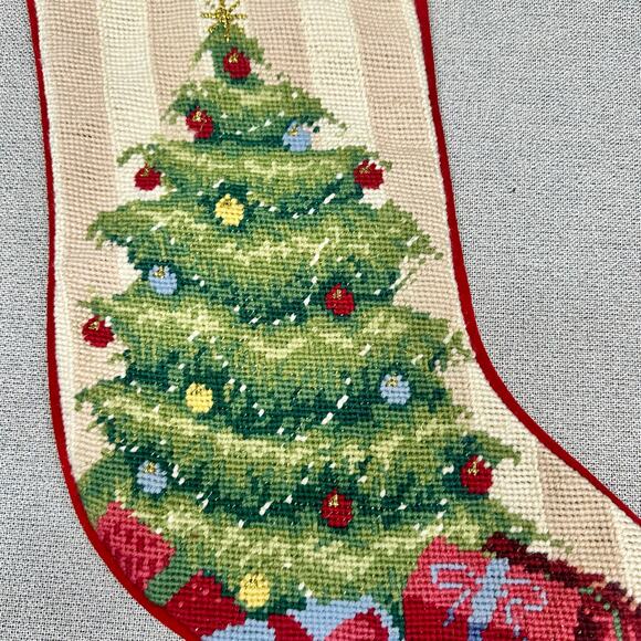 Lands’ End Needlepoint Christmas Stocking Wool Holiday Tree Red Velvet 18” - Picture 4 of 13